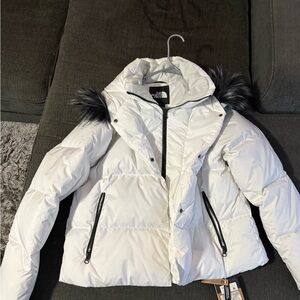 The North Face Women's White Puffer Jacket with Black Accents
